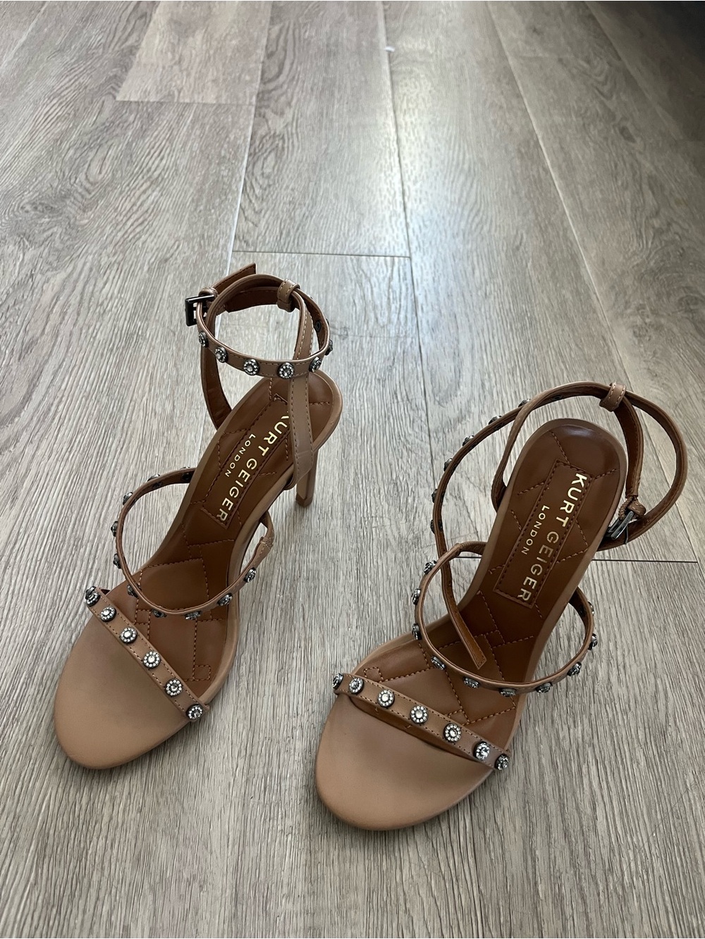 Kurt Geiger Brown Crystal-Embellished Strappy Heeled Sandals